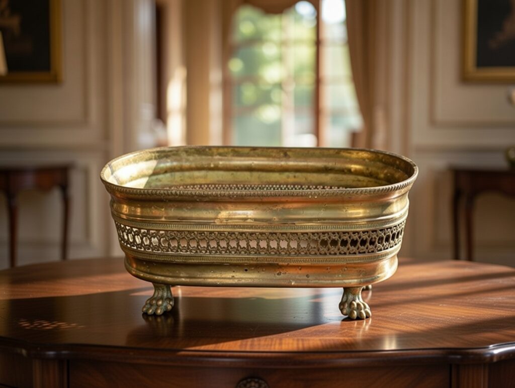 Cache-pot en cuivre ajouré vintage XIXe siècle à pieds griffes