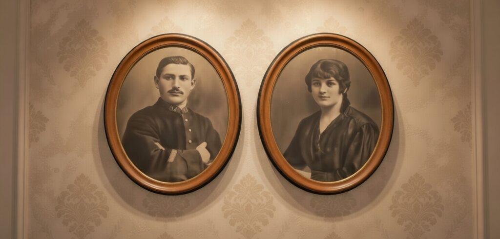 Portrait photographique homme 14e régiment infanterie cadre ovale bois Portrait photographique femme entre deux guerres cadre ovale bois