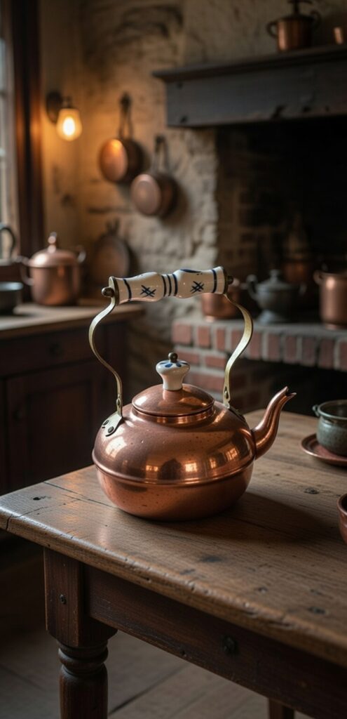 Théière en cuivre ancienne accessoire de décor d'époque pour film