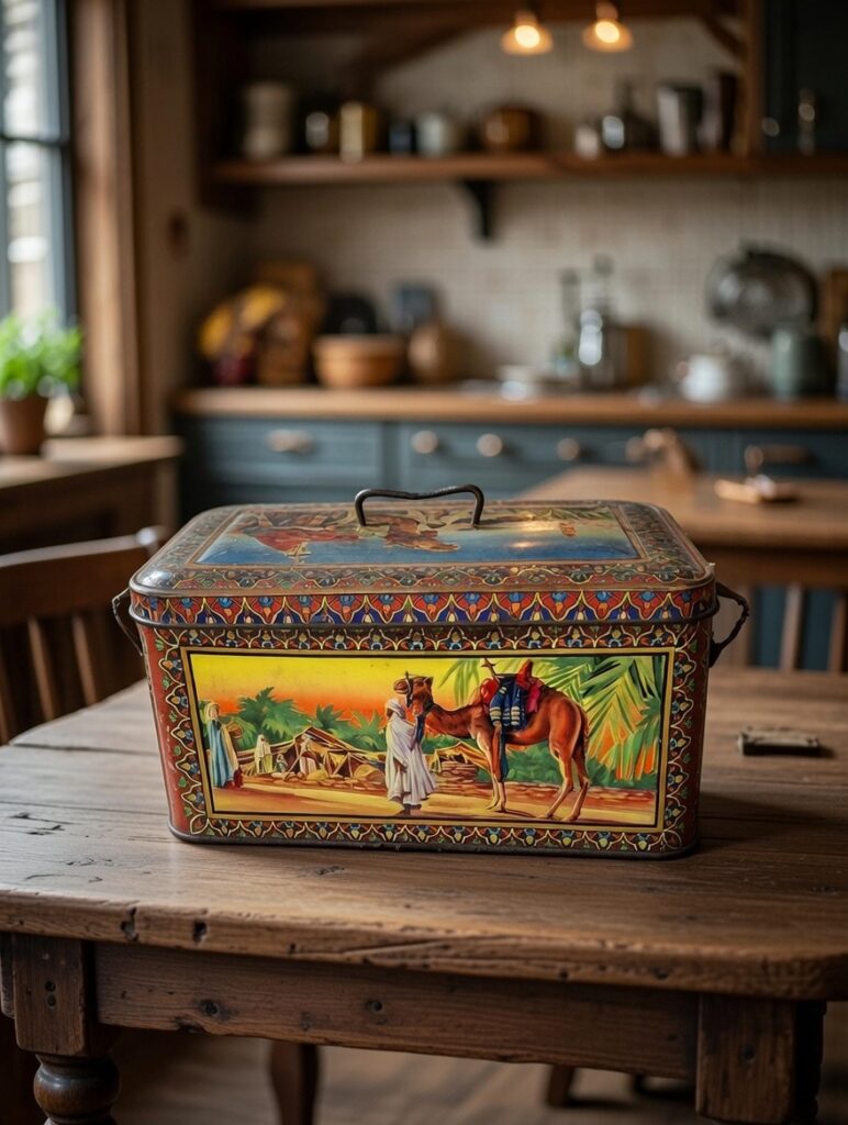 Boîte à biscuits vintage en métal lithographié décor orientaliste années 50