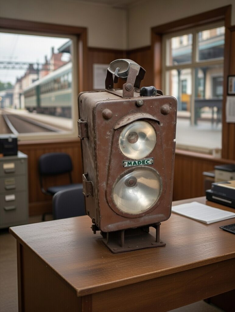 Lampe SNCF vintage MADEC en métal pour location décor cinéma