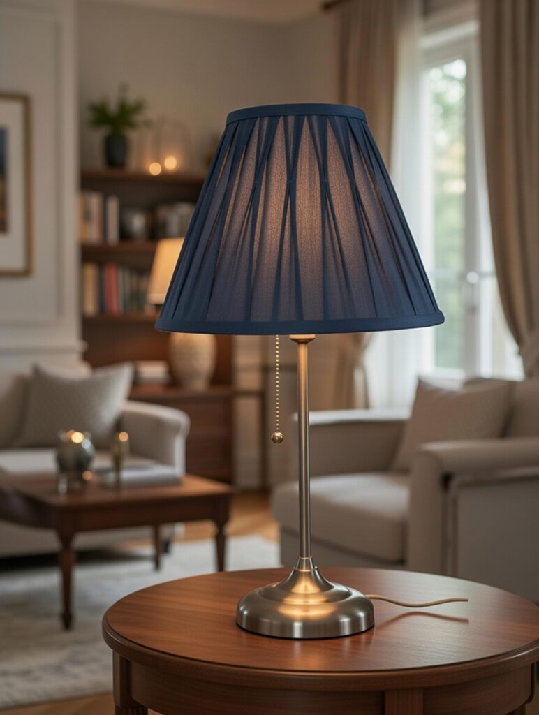 Lampe de bureau bleu foncé avec abat-jour plissé et interrupteur chaînette