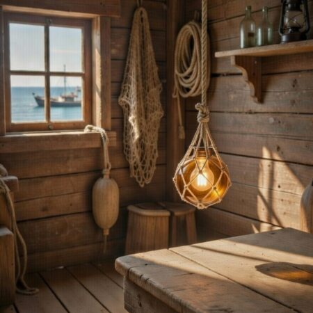 Lampe artisanale flotteur en verre et cordage