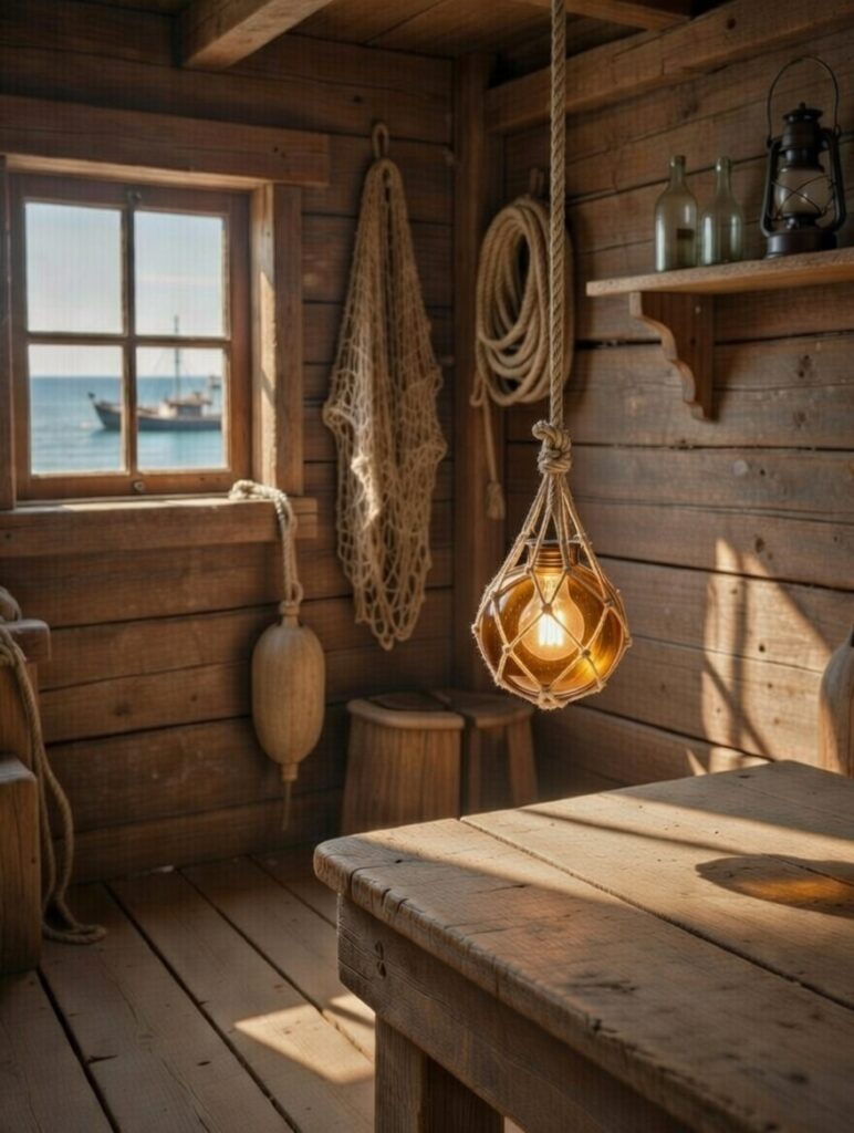 Lampe artisanale flotteur en verre et cordage