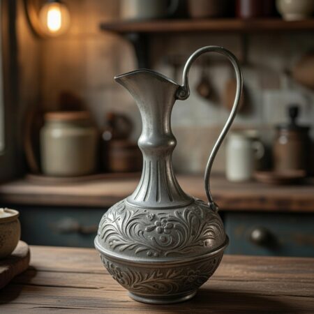 Aiguière en étain fin décor floral