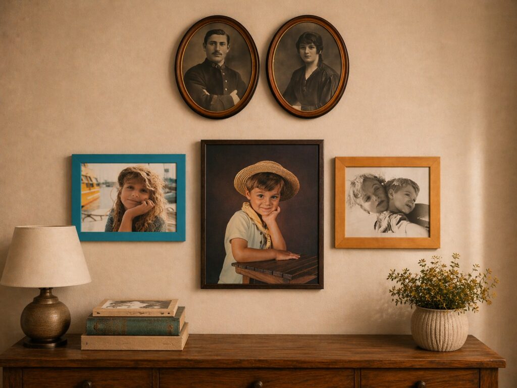 Composition cadres de portraits de famille encadrés style rétro et vintage