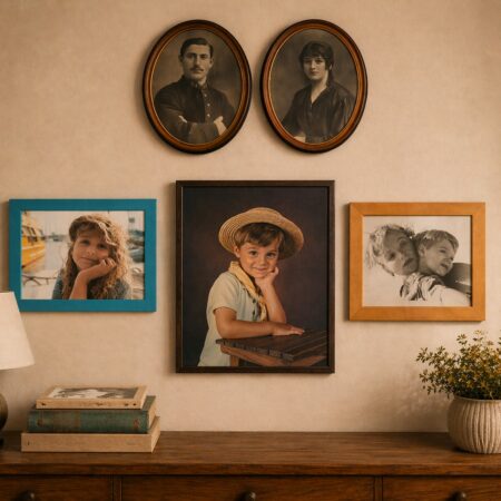 Composition cadres de portraits de famille encadrés style rétro et vintage